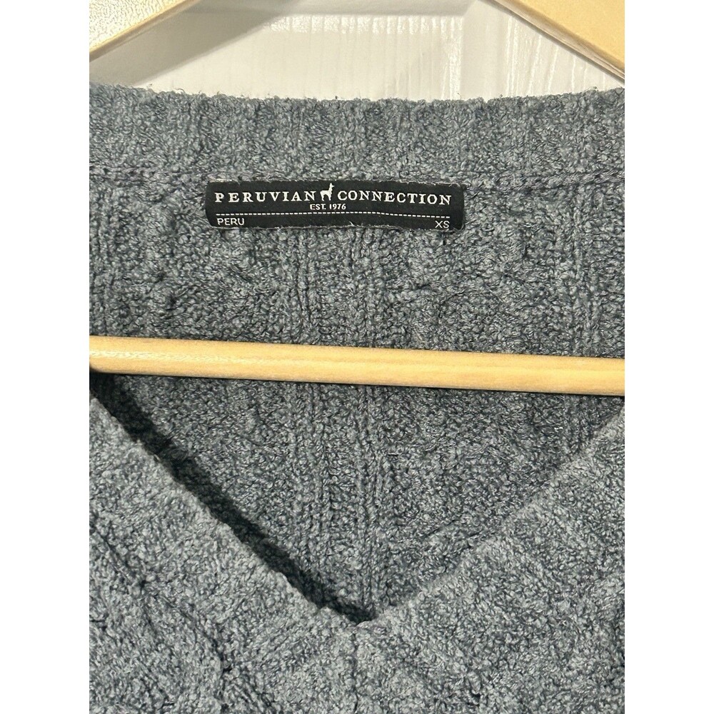 Peruvian Connection Cable Knit Sweater XS Pima Cotton V neck Pullover Blue Gray - Picture 2 of 4